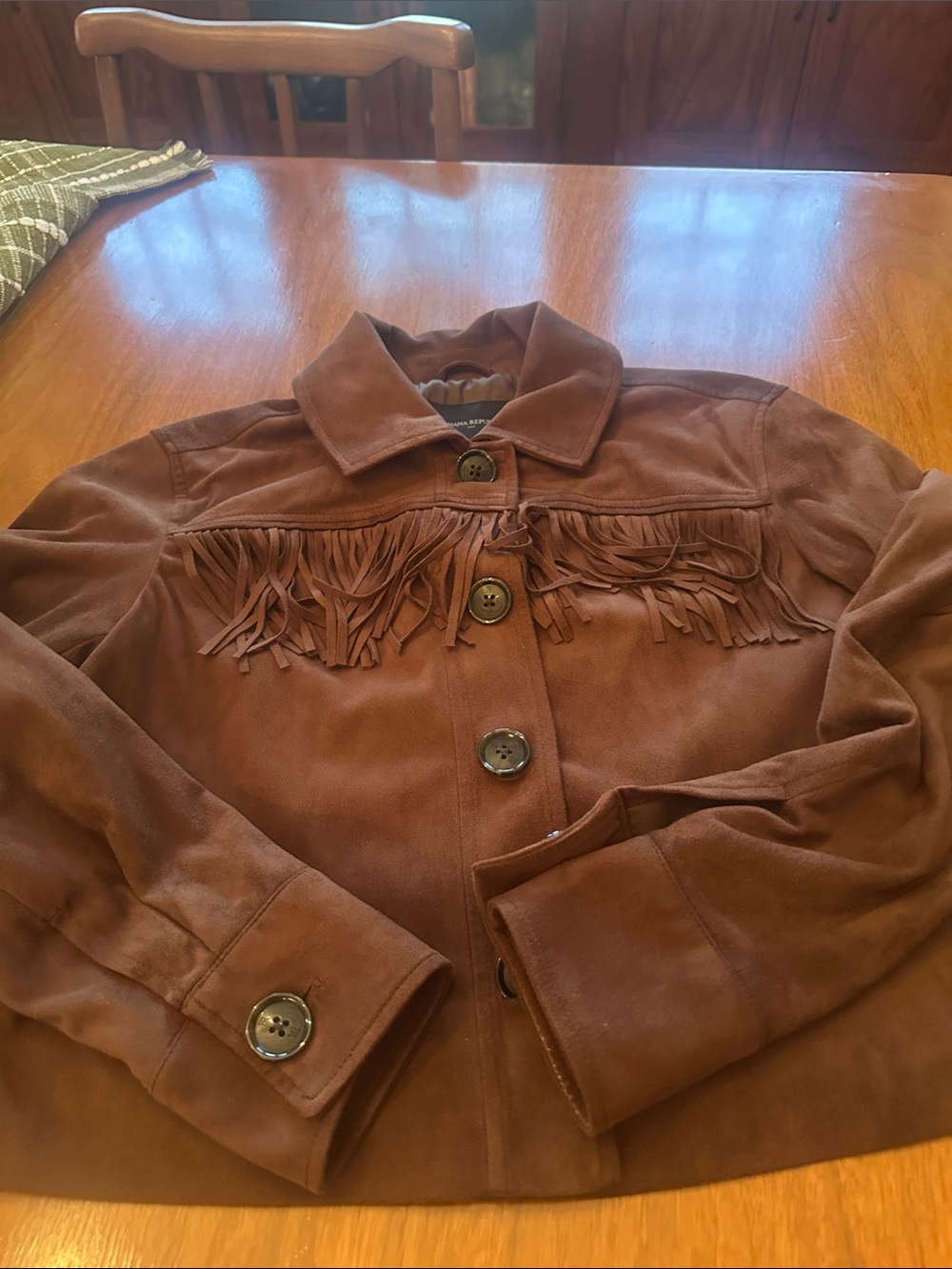 Banana Republic Brown Suede-Look Lightweight Fringe Button Jacket